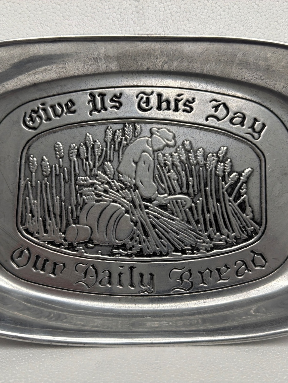 Vintage Pewter Serving Tray with 'Give Us This Day Our Daily Bread' Design